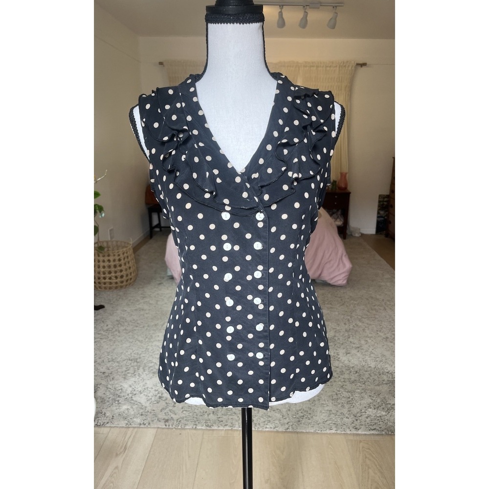 Nanette Lepore Black & Beige Polka Dot Sleeveless Blouse Sz 4 / Small Silk Women